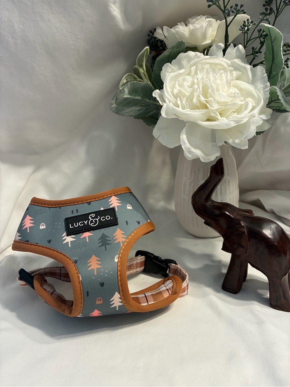 Lucy & Co. Forest Print Gray Dog Harness with Tan Trim